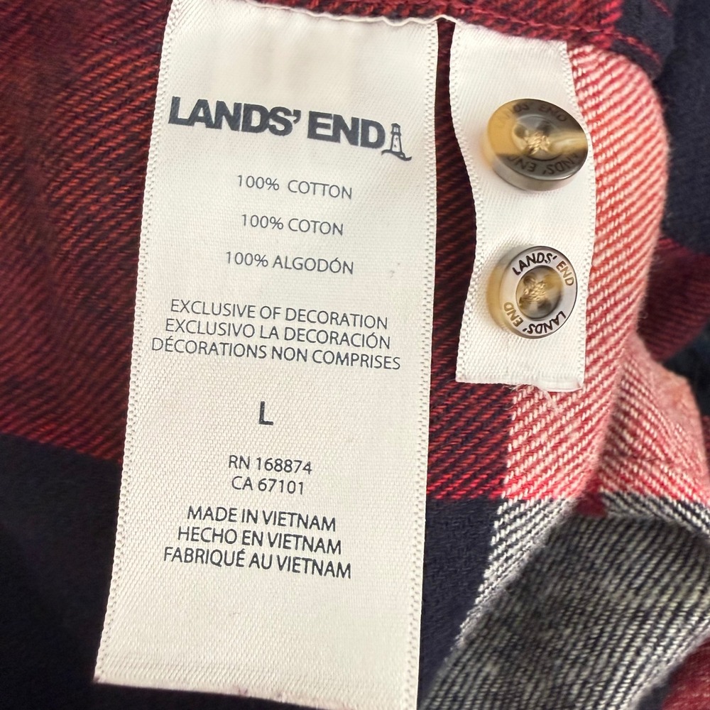 Lands End Mens Flannel Shirt Large Red Navy Blue Plaid Button Down Cotton L - Picture 4 of 8